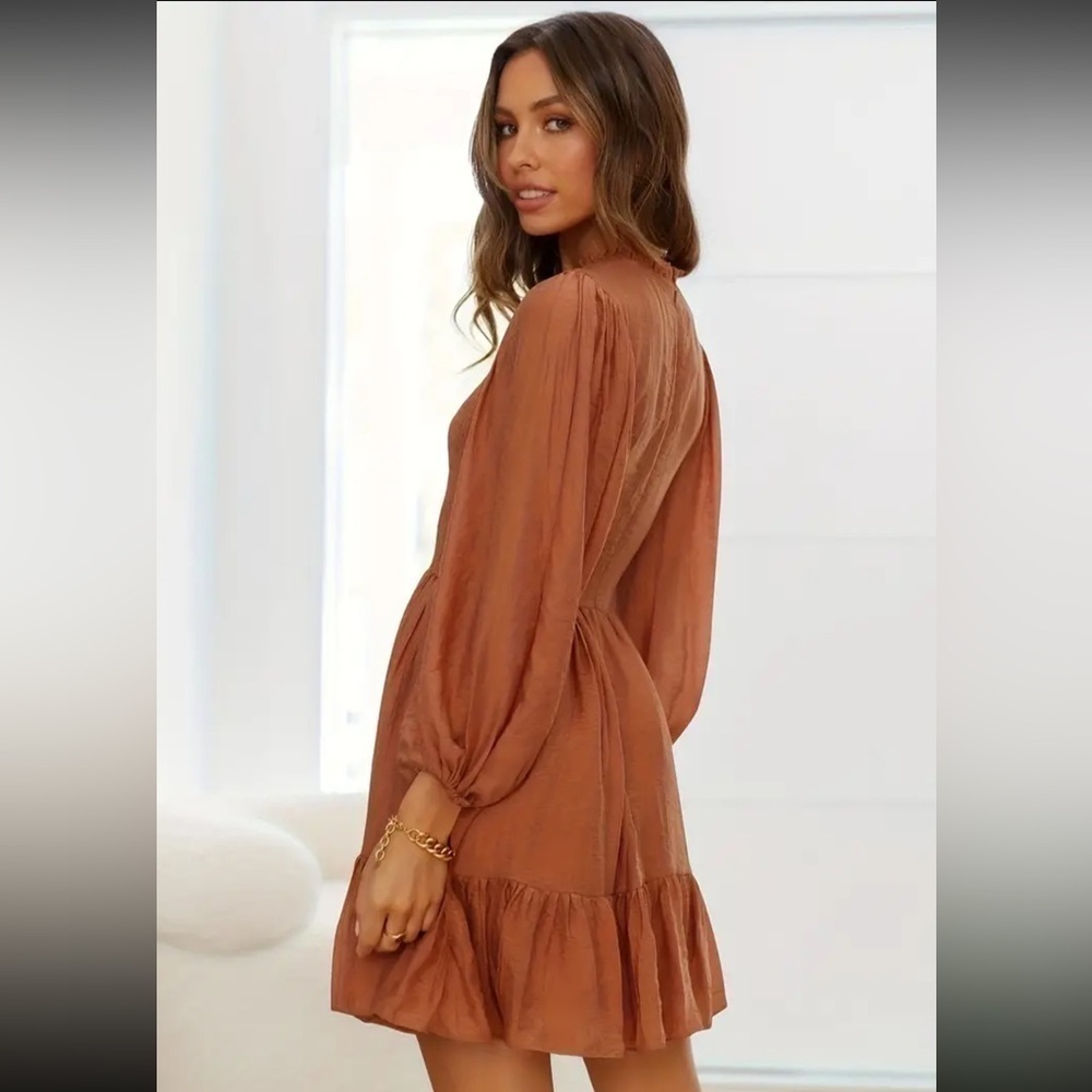 Ruffle Hem Shirred Dress, Elegant Long Sleeve Dress - Picture 4 of 4